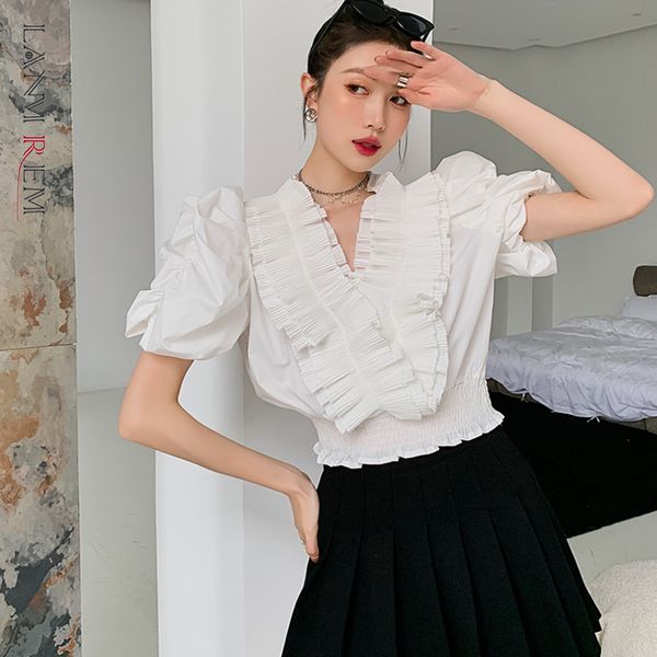 

v-neck folds shirt bubble sleeve women's elegant summer shirts fashion tide arrivals 2h077 210507, White