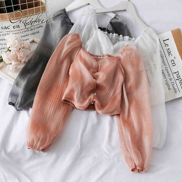 

summer women white long sleeve see through short blouse shirt 210415