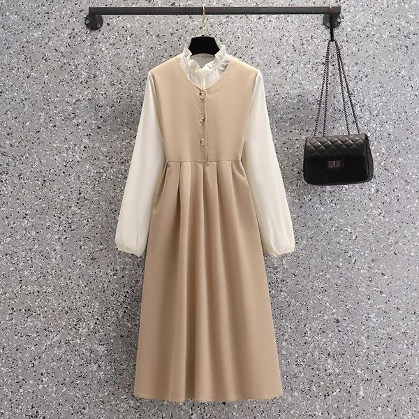 

plus size dresses ehqaxin autumn ladies elegant casual fake two piece stitching contrast buttons dress for female l-4xl, Black