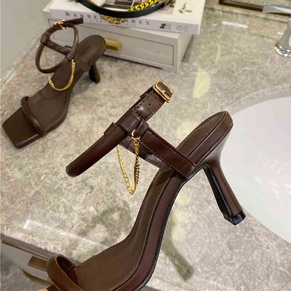 

slippers fashion metal chain sandals women open square toe white chocolate pu leather shoes comfort ladies dress kg55, Black