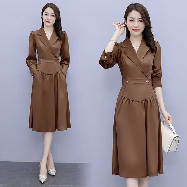 

women's 2021 spring autumn acetic acid satin personalized suit collar thin high-end dr's large medium and long skirt, Black;gray