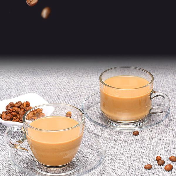 Europäisches transparentes Kaffeetassen-Untertassen-Set für den Haushalt, duftender Tee, hitzebeständiges Glas, Espresso, Cappuccino, Latte, Wasser, Milch, Tassen, Untertassen