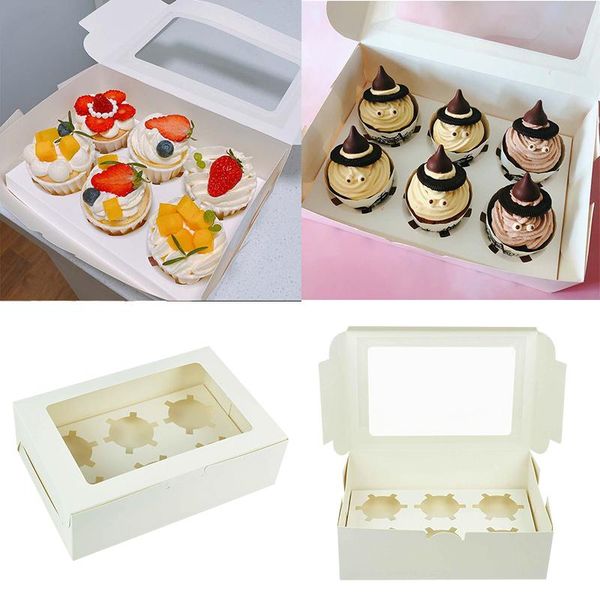 

5pcs 6 cavities white cupcake boxes with clear windowed packaging cake cookie box muffin holder dessert containers baking tools gift wrap