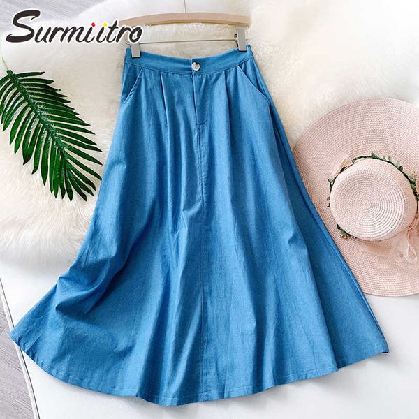 

surmiitro cotton summer midi long skirt women korean style blue black mid-length high waist a line skirt female 210712
