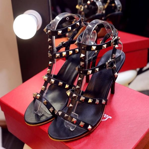 

dress shoes big size 9  11-13 high heels sandals women woman summer ladies full rivet hollow t with exposed toe, Black