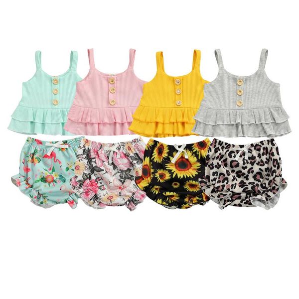 

clothing sets toddler kids baby girls 2pcs summer outfits sleeveless button front ruffles ribbed knitted tank + floral shorts clothes s, White