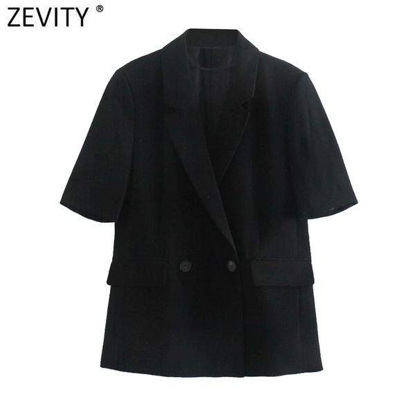 

women fashion double breasted short sleeve fitting blazer coat office lady business suits female chic ct670 210420, Black