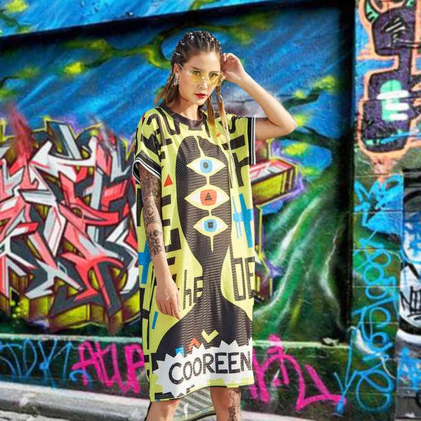 

european station mid-length t-shirts skirt original design big size dress of a rock piece tide loose clothes, Black;gray