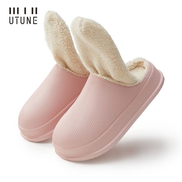 

utune winter women slippers waterproof indoor shoes warm thick sole mules men house platform shoes outside anti-slip plush 211110, Black