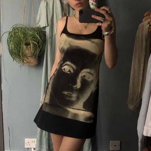 

harajuku streetwear 90s vintage women dresses sleeveless spaghetti strap bodycon graphic print cami punk style gothic, Black;gray