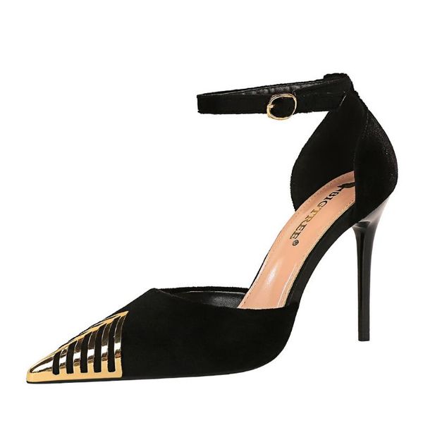 

dress shoes european and american nightclub thin heel high suede shallow hollow metal pointed one line sandals, Black