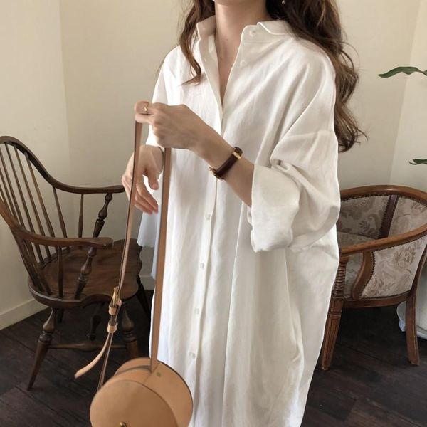 

casual dresses women's summer loose cotton long shirt dress female turn down collar plus size sleeve side split vestidos, Black;gray
