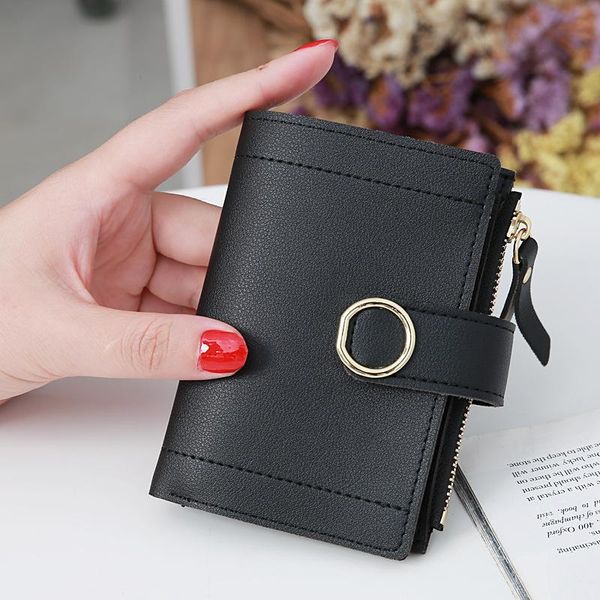 

wallets small fresh korean short ladies wallet buckle solid color cute multifunctional bank card bag clutch, Red;black