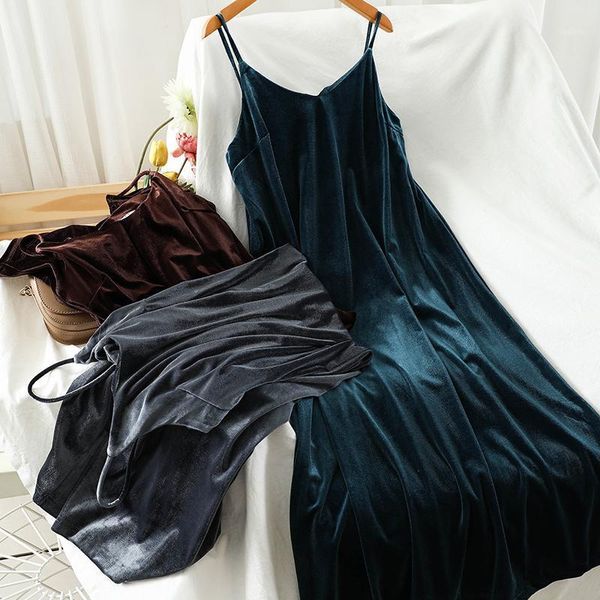 

spring/autumn retro dresses for women fashion spaghetti strap sleeveless dress sling straight gold velvet casual, Black;gray