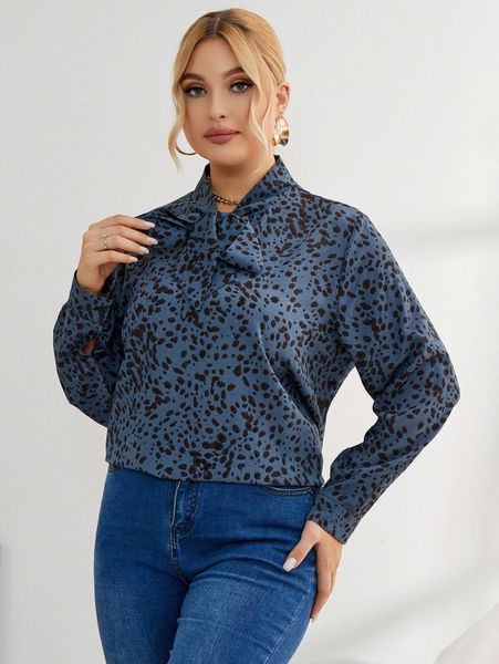 

plus dalmatian print tie neck blouse b78w#, Black