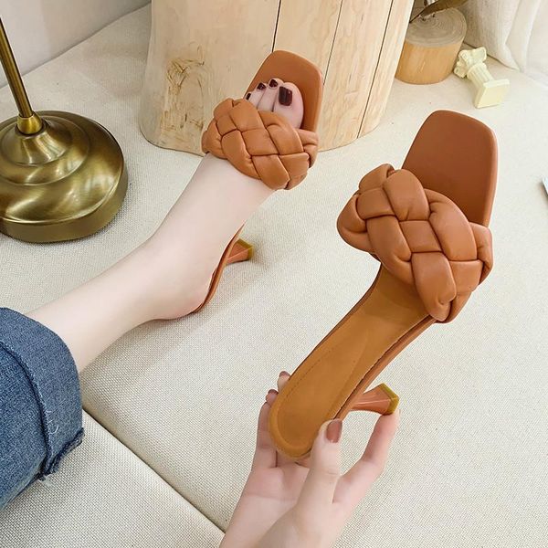 

slippers 2021 women slipper peep toe high heel fashion design weave summer slip on thin heels slides mules party, Black