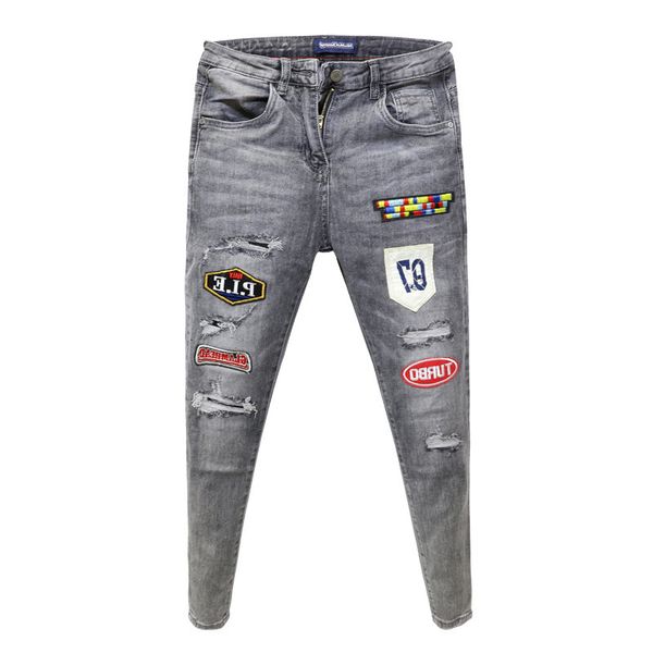 

men's jeans wholesale fashion casual trendy ripped patch jeans men's stretch feet pants youth personality street beggar pencil sou, Blue