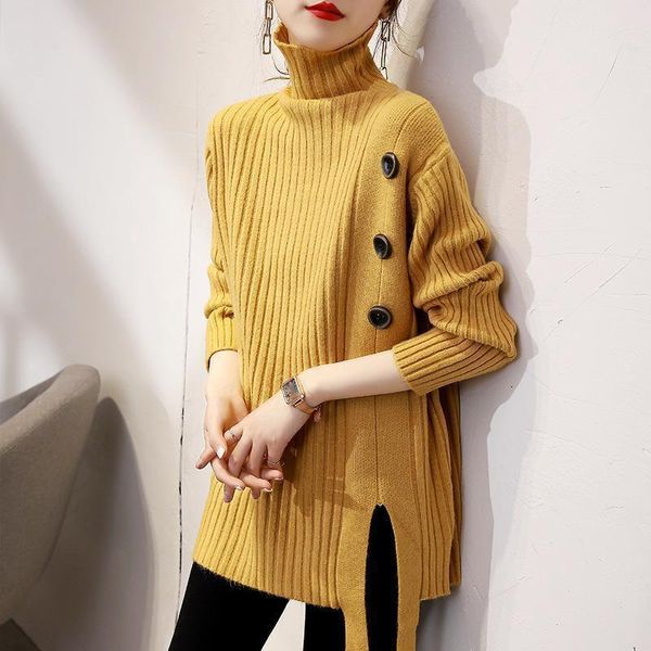 

women's sweaters lucyever autumn winter turtleneck sweater women korean chic button solid knit jumper 2021 fashion split ribbed pullove, White;black