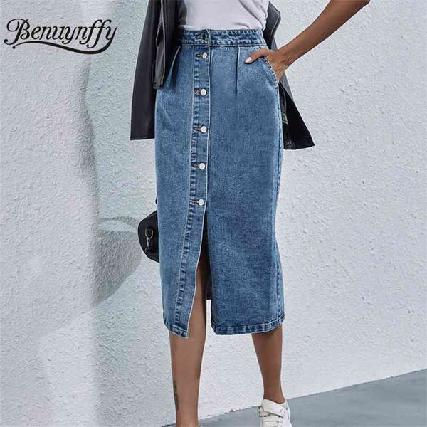 Benuynffy Einreiher knielanger Jeansrock Frauen Streetwear Casual Tasche Hohe Taille Gerade Jeansrock Neu 210412