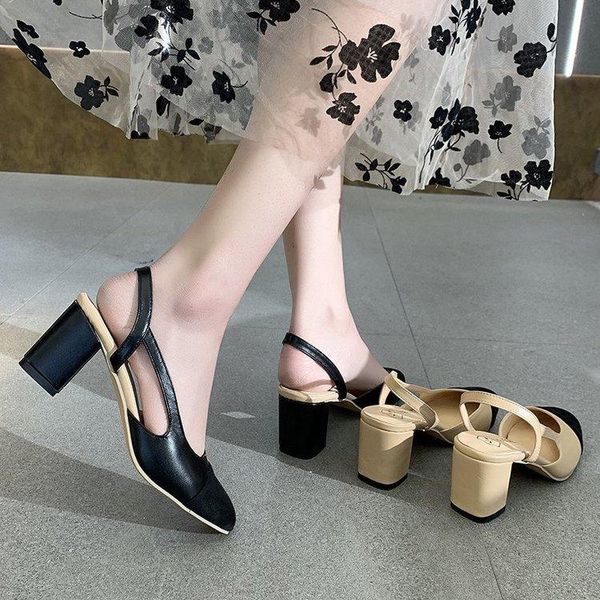 

sandals straps black shoes for women shallow mouth block heels all-match 2021 summer beige comfort elastic band chunky clear hi dress