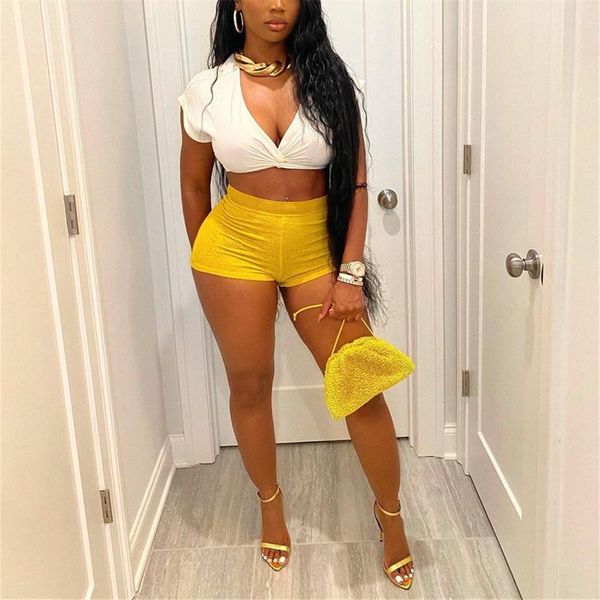 

women's tracksuits chronstyle summer 2 pieces women suits deep v-neck short sleeve t-shirts crop high waist biker shorts pants 2021, Gray