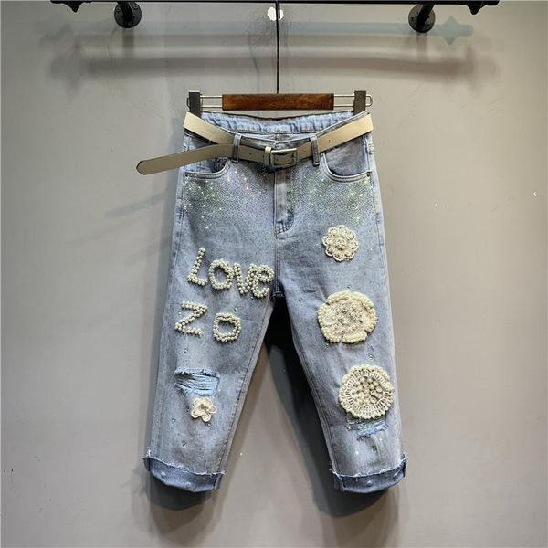 

women's jeans european station 2021 summer beads rhinestones ripped three-dimensional flower small cropped straight short pants, Blue
