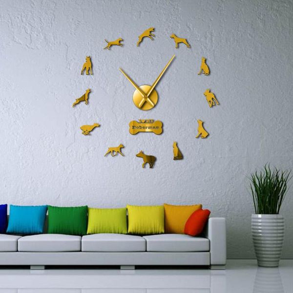 

wall clocks doberman pinscher diy acrylic mirror effect big mute frameless clock large time watch dobie living room decor