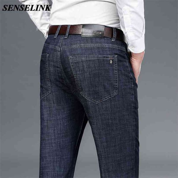 

men ice silk jeans autumn blue black stretch business casual brand male plus size 28-40 210723