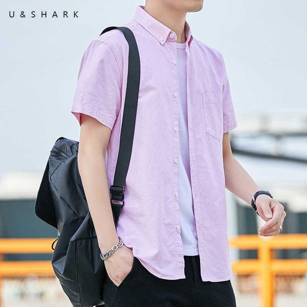 UShark Mens Oxford camisa de manga curta camisa casual vidas diárias de algodão puro camisa rosa não ferro para os mens vestido camisas 210603