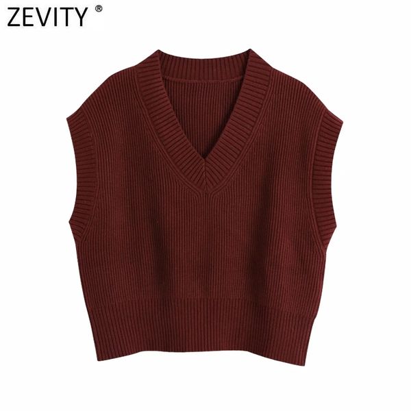 Zevity New Spring Moda Donna Scollo a V Tinta unita Casual Gilet senza maniche Maglione lavorato a maglia Chic Lady Leisure Vino Rosso Top S562 210419