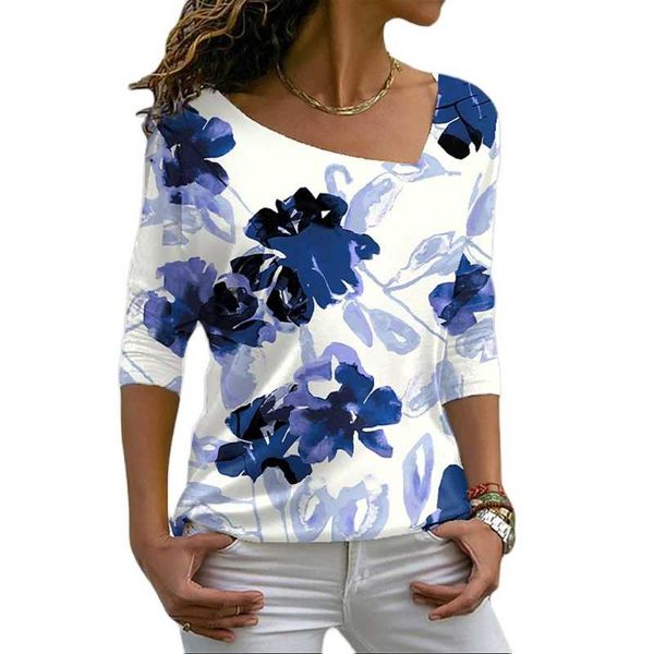 

women's t-shirt casual autumn women clothes print loose long sleeve v-neck streetwear red vintage ladies spring blue shirt, White