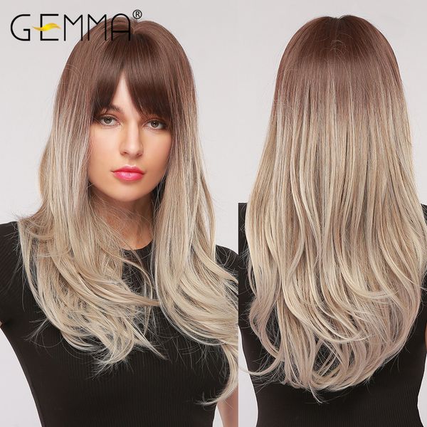 

long wavy wig with bangs ombre dark gray ash cosplay party heat resistant synthetic wigs for women afro natural false hair, Black