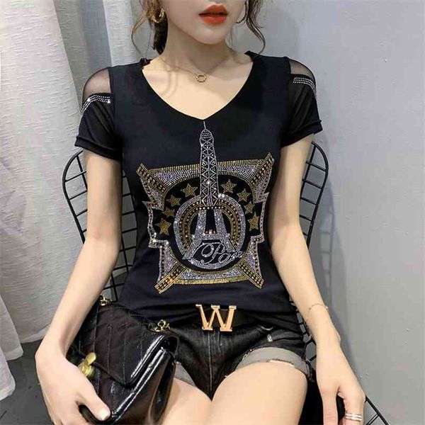 Sommer Koreanische Kleidung T-Shirt Mode Diamanten Eiffelturm Frauen Tops Ropa Mujer Nylon Sexy Back Shirt T-stücke T04817 210720