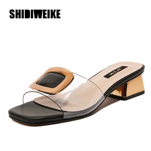 

sandals square buckle slippers women chunky heel transparent open toe clear big size sandalias1, Black