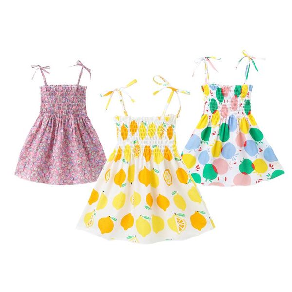 

infant summer slip dress baby girl flower/lemon/apple print smocked tie up spaghetti strap boat neck one-piece dresses girl's, Red;yellow