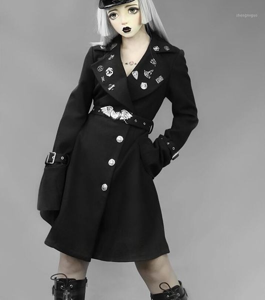 

women's wool & blends girl autumn winter women japanese harajuku gothic coats metal decorations belt punk long woolen black coat