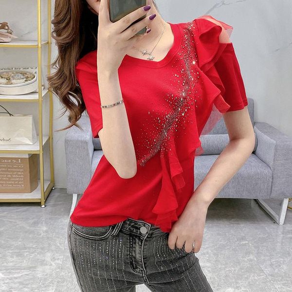 

women's t-shirt 2021 summer women solid color short sleeve female shiny irregularity off shoulder mesh diamonds tees x293, White