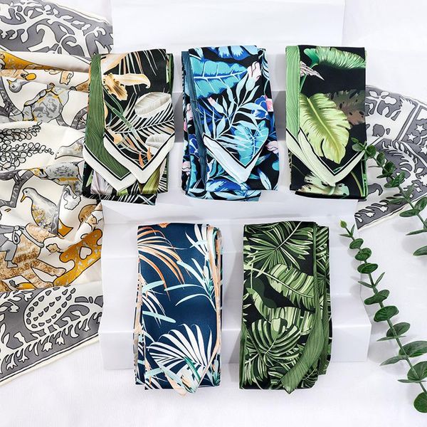 

scarves 2021 summer style small silk scarf flowers leaf retro decorative headband to match the shirt ribbon for women, Blue;gray