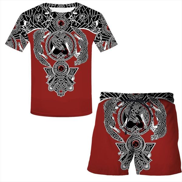 

summer viking 3d symbol tattoo mens tracksuit short sleeve casual fashion slim fit sportsman t shirts shorts letter printed, Gray