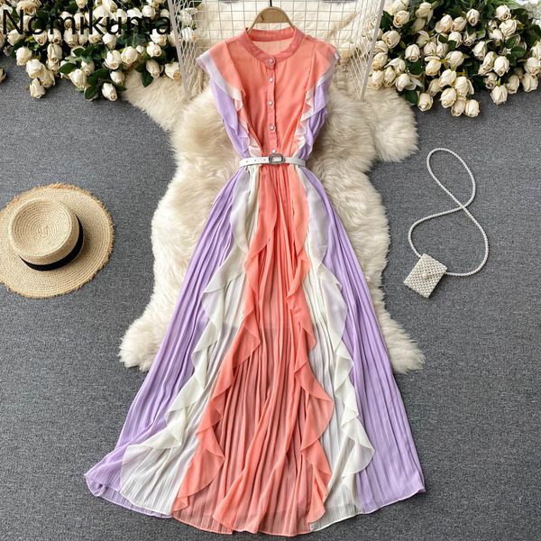 

nomikuma chiffon contrast color ruffle pleated woman dress korean button o-neck sleeveless vestido belt slim waist dresses 6h312 210427, Black;gray