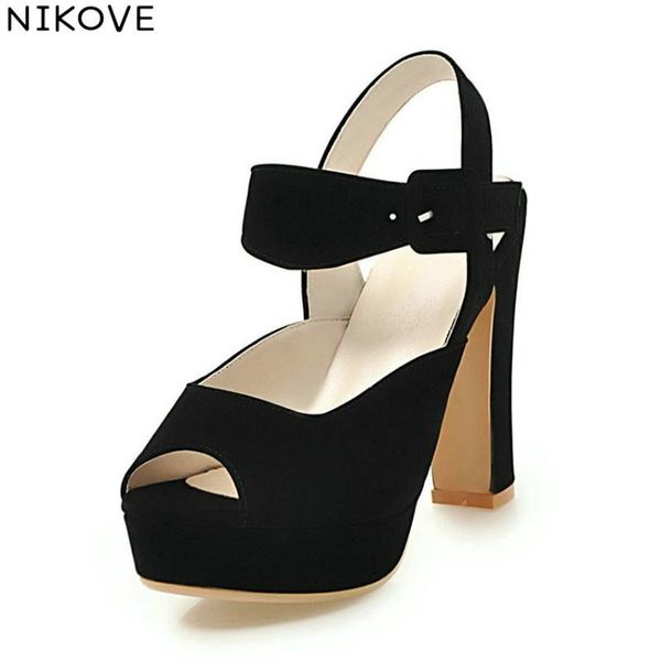 

sandals buckle strap out door platform 3cm women peep toe square high heels ladies shoes size 34-43, Black