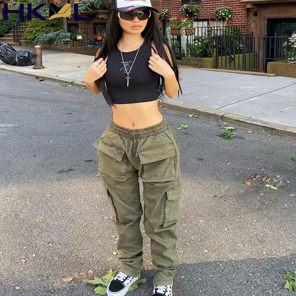 

women's pants & capris women baggy elastic high waist vintage big pocket patchwork cargo harajuku streetwear trousers, Black;white