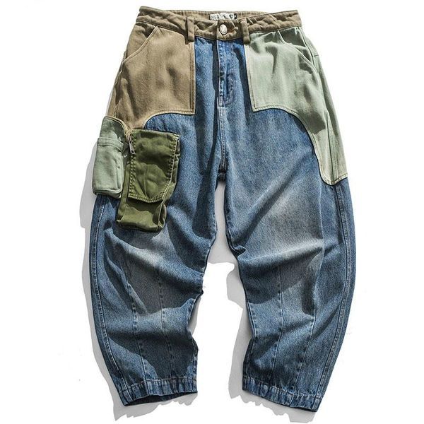 

[ewq] jeans patchwork multi-pocket couple denim pants beggar style japanese autumn high street casual women streetwear women's, Blue