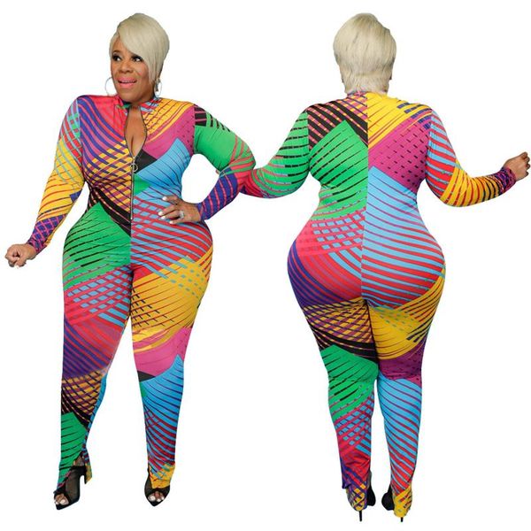 

plus size ladies casual long sleeve jumpsuit fashion irregular stripe printed slim multi print sports romper women's jumpsuits & romper, Black;white