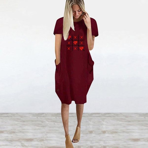 

women dress love printing elegant office fashion casual plus size 5xl pocket short sleeve round neck summer vestido g8# dresses, Black;gray