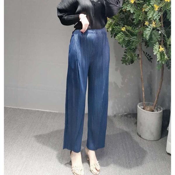 

women's pants & capris changpleat 2021 spring summer button design women cropped miyak pleated fashion solid loose large size elastic w, Black;white