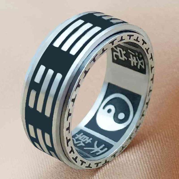 

vintage chinese tai chi kung fu men's taoism mantra fidget anti-stress spinner rings for chinatown men rotatable anxiety ring, Silver