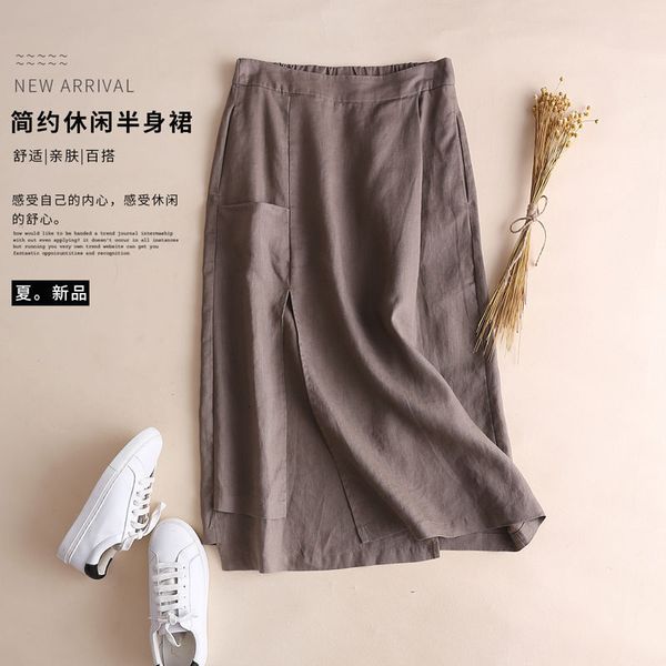 

skirts spring summer medium length a-word sen women's leisure literature and art long cotton linen loose skirt, Black