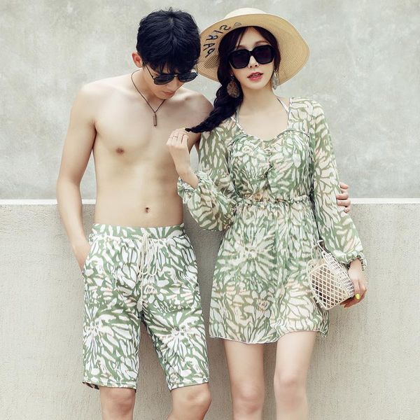 

one-piece suits couples swimwear 3 pieces bikini sets with long covers up dress man's beach shorts lover's printed swimsuit