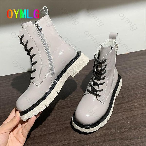 

boots women's autumn winter 2021 british style round toe lace side zipper platform ankle women shoes, Black